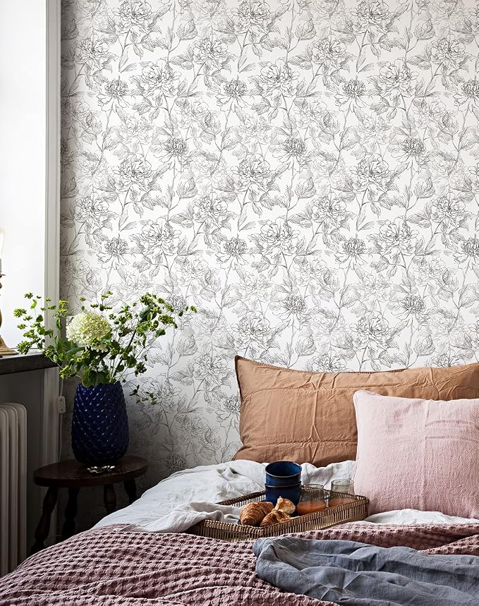 JiffDiff Black and White Floral Wallpaper Peonies Removable Peel and Stick - Image 2