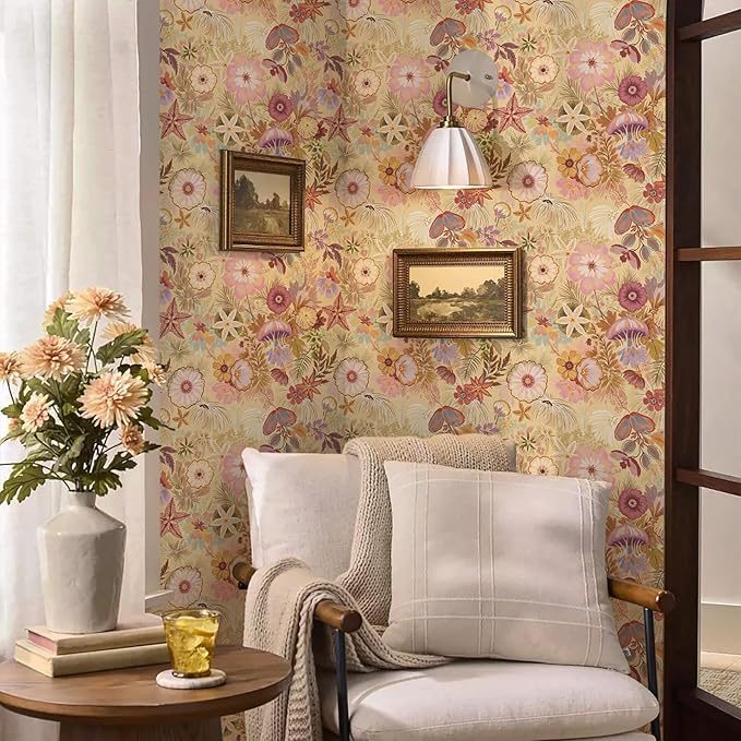Ismoon Vintage Floral Peel and Stick Wallpaper Deep Beige Pink Contact Paper - Image 5