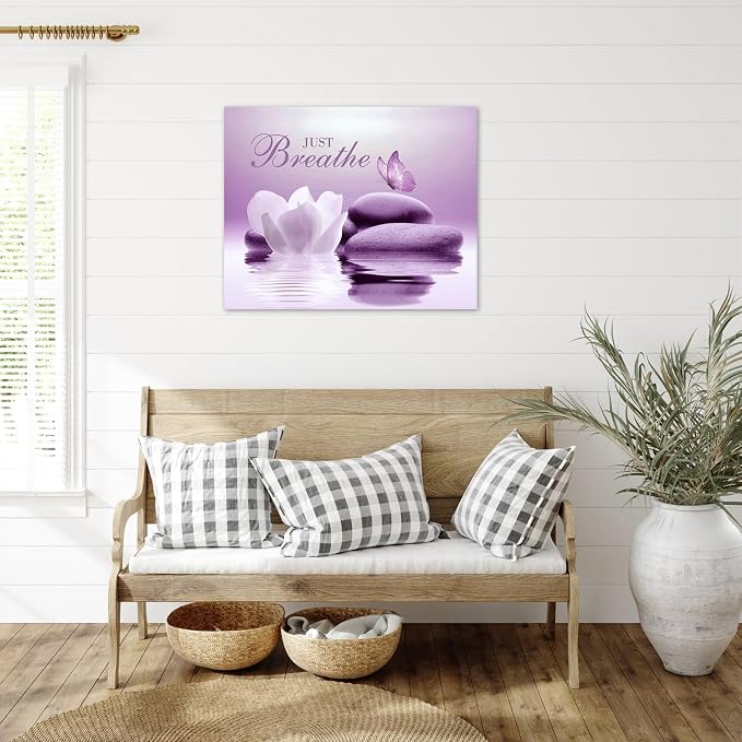 EOBTAIN Zen Framed Wall Art 20x16 Inches Purple Butterfly and Flower Stone - Image 2