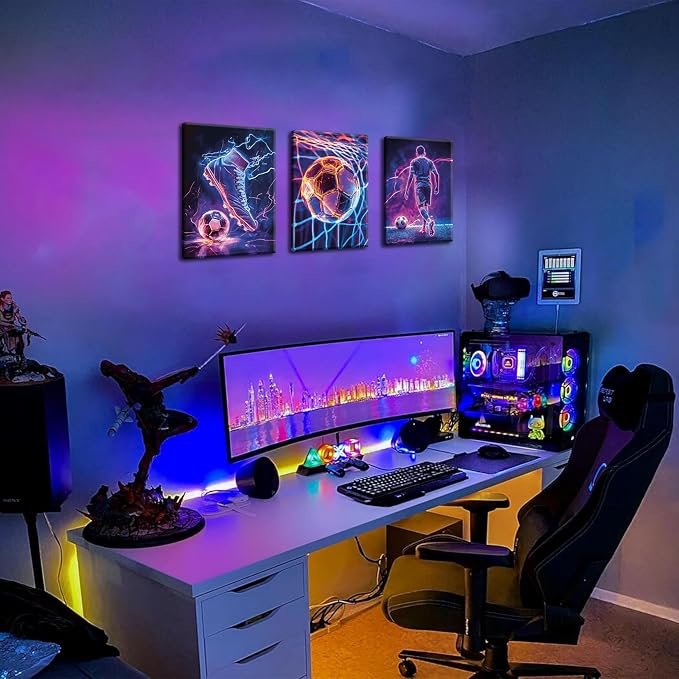 Cool Soccer Gaming Wall Art Set of 3, Neon Video Gamer Canvas Pictures - Image 4