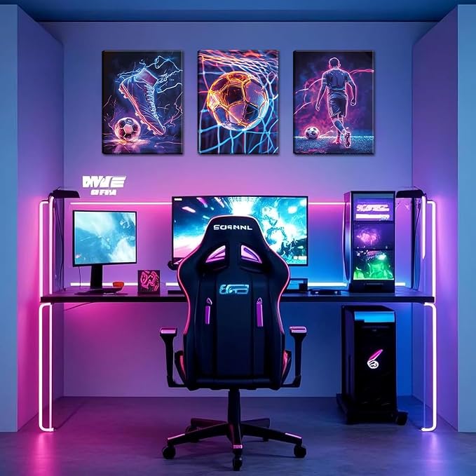 Cool Soccer Gaming Wall Art Set of 3, Neon Video Gamer Canvas Pictures - Image 6