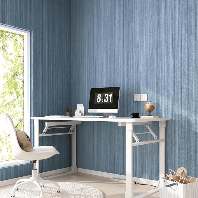 FUKU MON Grasscloth Fabric Wallpaper 24" X 394" Blue Gray Textured Thick Linen - Image 2