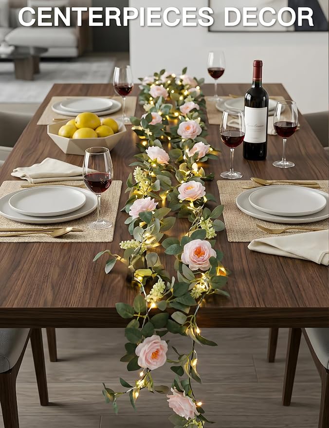 suddus Flower Garland with Pink Camellia Fairy Lights Indoor, 60 LED Vines - Image 5