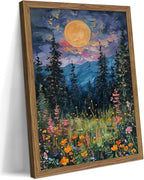 Framed Nature Forest Canvas Wall Art, Full Moon above Wildflowers and Woodland by Unknown