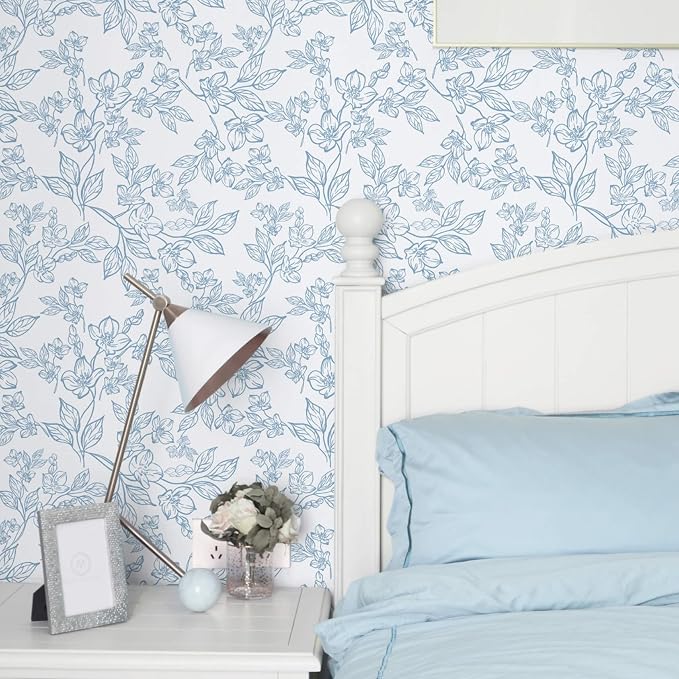 Ismoon Vintage Floral Peel and Stick Wallpaper White and Blue Wallpapaer - Image 3