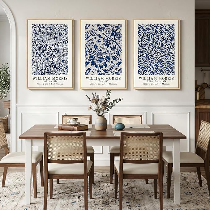 Large Framed Blue William Morris Wall Art Set of 3, Vintage Botanical Floral - Image 3