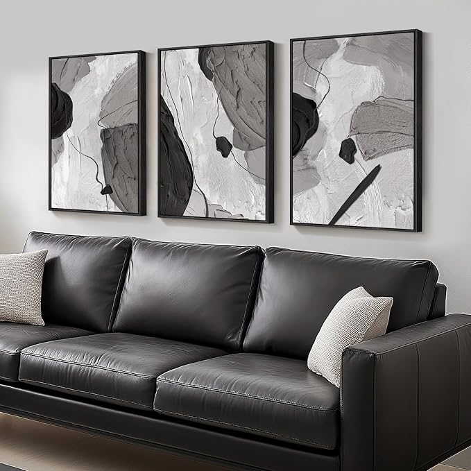 Large Framed Black and White Gray Abstract Wall Art, Minimalist Pictures by Cuspin