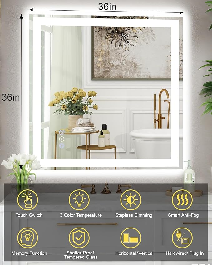 36x36 LED Bathroom Mirror with Lights, Super Bright Front & Backlit Vanity - Image 6
