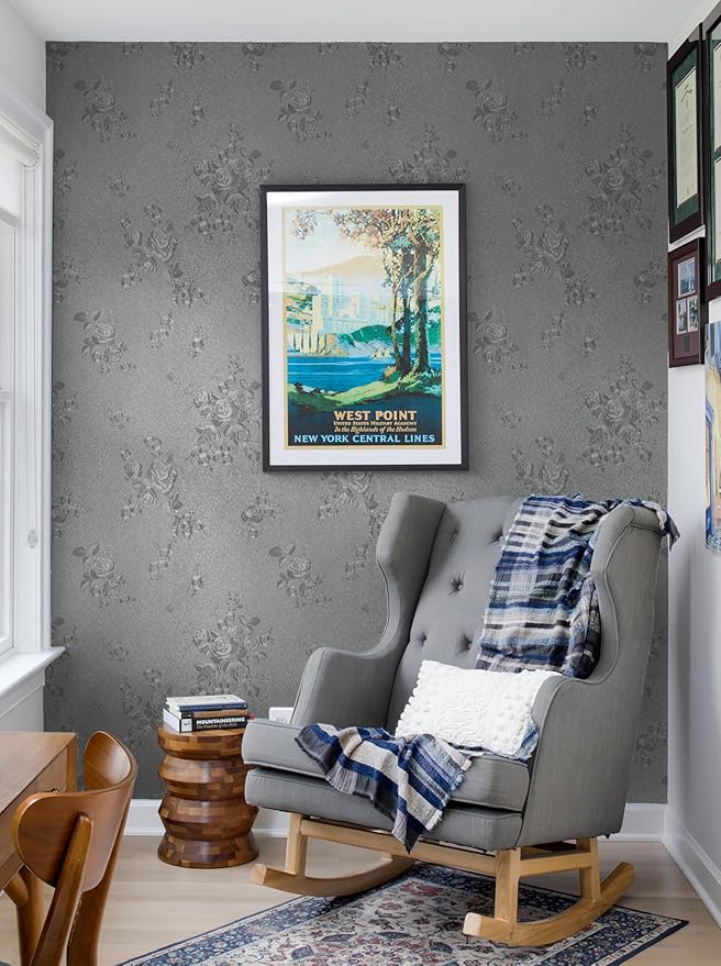 Erfoni 394"x17.7" Grey Floral Embossed Wallpaper - Image 6