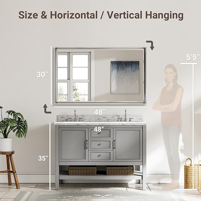 48 x 30 Beveled Bathroom Mirror, Shatterproof Rectangle Mirror, Metal Framed - Image 2