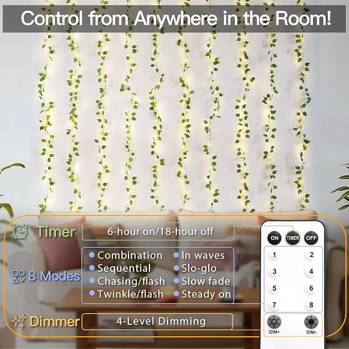 suddus 300 LED Vines with Lights Plug in, 9.8ft x 9.8ft Fairy Lights with Vines - Image 4