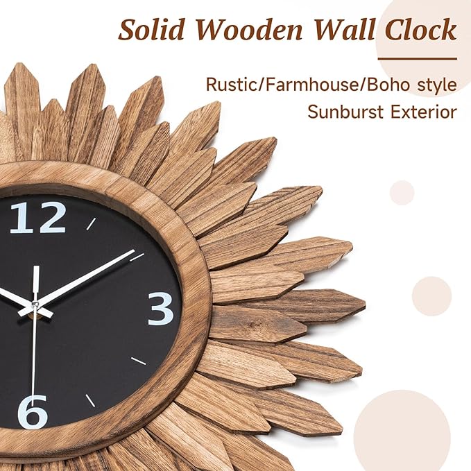 Honiway Large Wall Clock Battery Operated 21 in Rustic Wood Boho Sunburst - Image 6