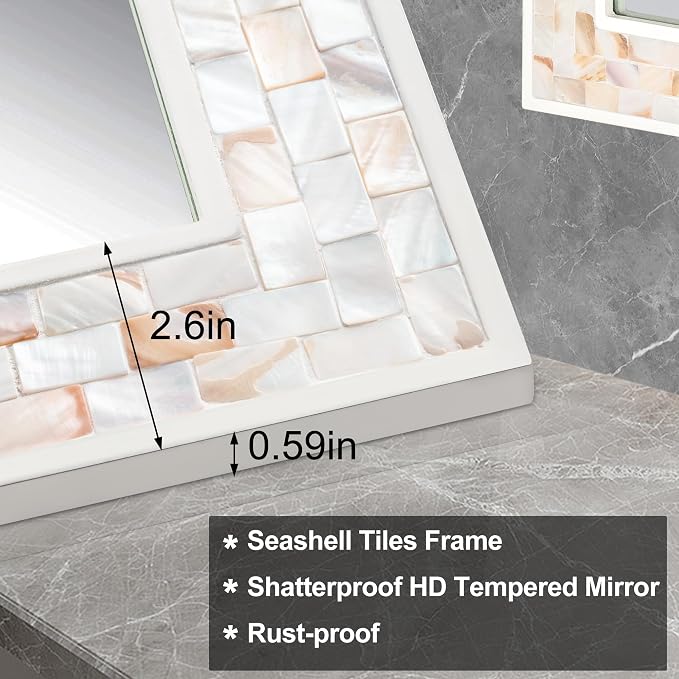 Tanmicoshomy 24 x 47 Inch White Rectangle Wall Mirror, Natual Shell Framed - Image 4