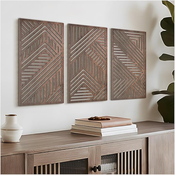 VIYYIEA Boho Solid Wood Carved Wall Art Set of 3, Geometric Minimalist Wooden by VIYYIEAART