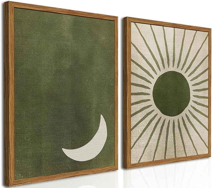 Framed Boho Sun and Moon Canvas Wall Art Set of 2, Vintage Sage Green Bohemian by Hwetui
