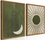 Framed Boho Sun and Moon Canvas Wall Art Set of 2, Vintage Sage Green Bohemian by Hwetui