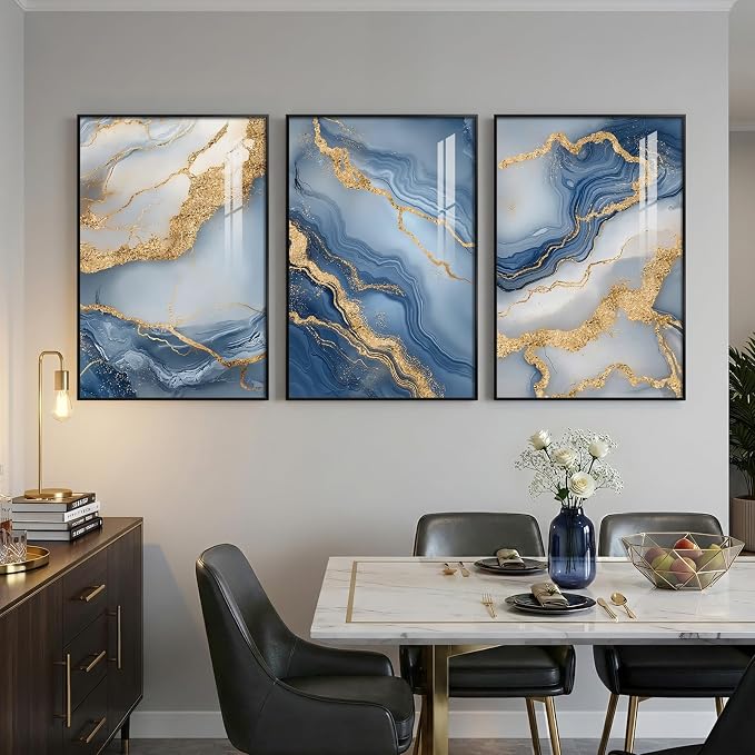 Large Framed Abstract Wall Art for Living Room, Modern Luxury 3 Piece Blue Gold - Image 4