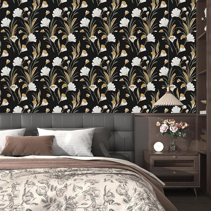 Laatse Black Gold Peel and Stick Wallpaper White Floral Contact Paper 17.5in x - Image 5