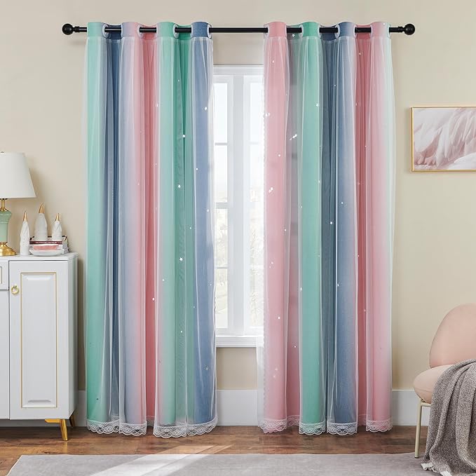 XiDi Curtains for Bedroom Decor, Rainbow Pinkgreen grey52/96 by Addsomecolortolife