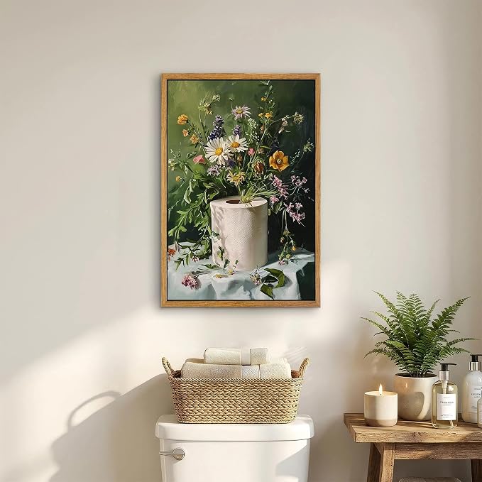 AtterrirArt Framed Funny Bathroom Wall Art, 16 * 24 Inches, Toilet Paper Floral - Image 2