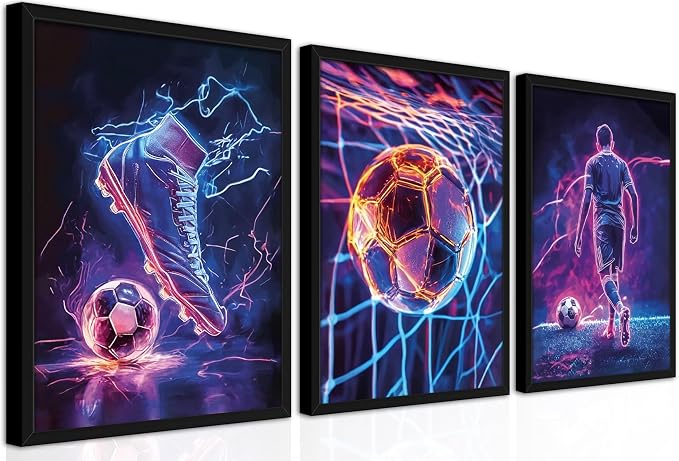 BGFCE Cool Soccer Gaming Wall Art Posters Set of 3, Neon Video Gamer Canvas by BGFCEWallArt