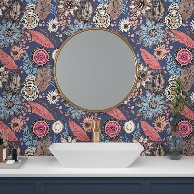 Blue Pink Wallpaper Peel and Stick, Vintage Boho Floral Contact Paper 17.5" x - Image 4