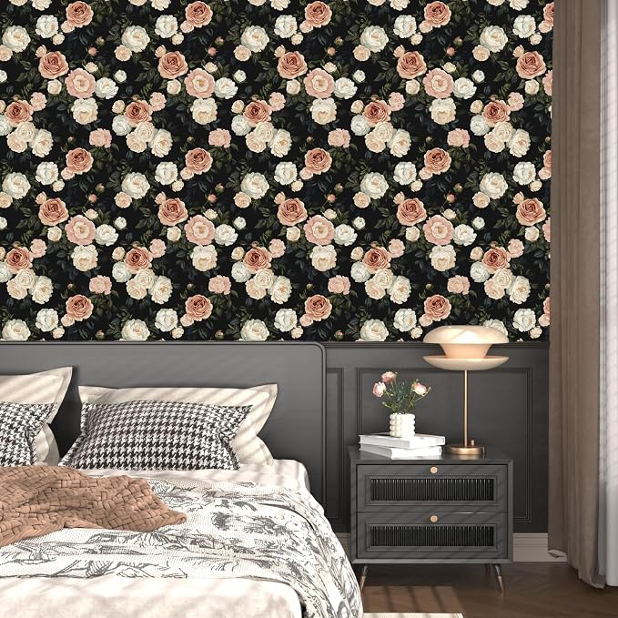 Pink White Rose Peony Wallpaper Peel and Stick Black Floral 17.5in x 118in - Image 2