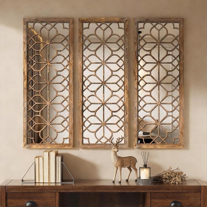 Set of 2 16x41.5 Inch Large Carved Floral Wood Frame Wall Mirrors, Shatterproof by HMANGE