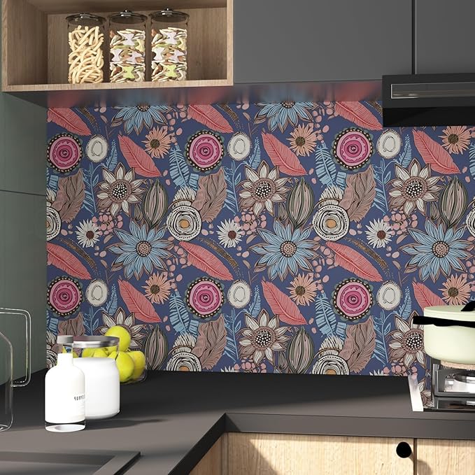 Blue Pink Wallpaper Peel and Stick, Vintage Boho Floral Contact Paper 17.5" x - Image 6