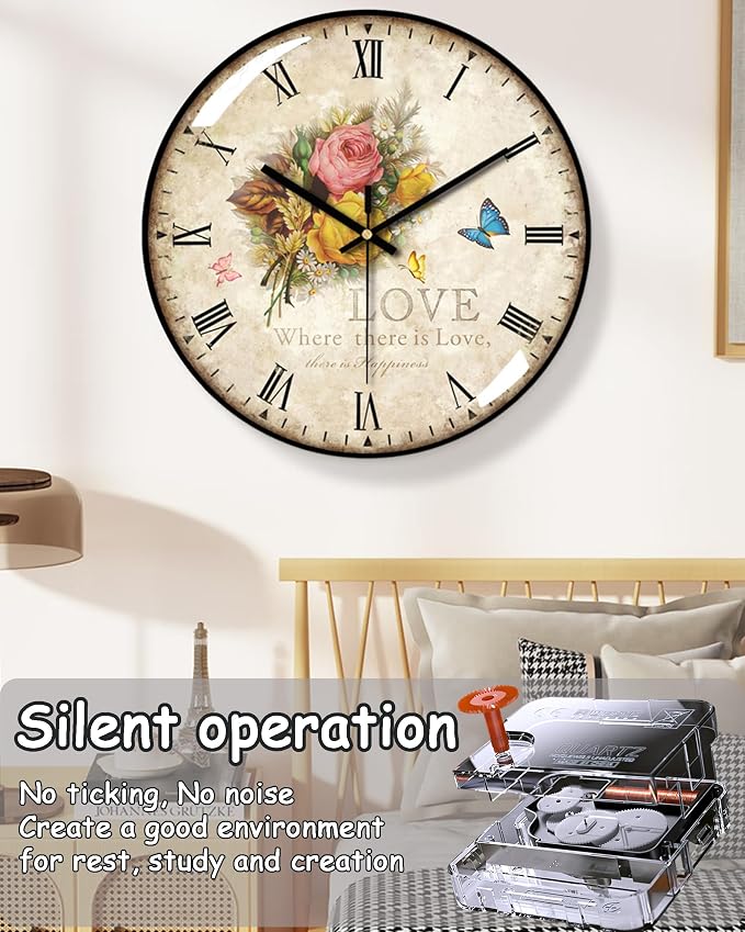Decorative Wall Clock Battery Operated, 12-Inch Retro Vintage Floral Butterfly - Image 3