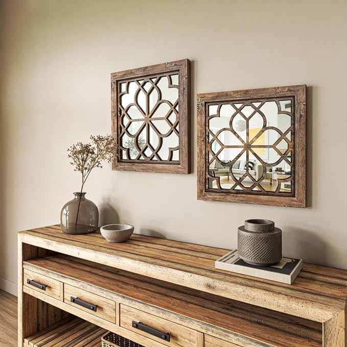Set of 2 14 Inch Square Redbrown Window Pane Wall Mirrors, Shatterproof Rustic - Image 3
