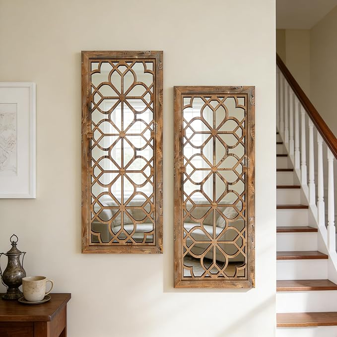 Set of 2 13x30 Inch Large Redbrown Shatterproof Carved Floral Wood Frame Wall by HMANGE