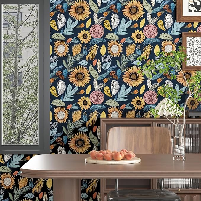 Blue Boho Wallpaper Peel and Stick, Vintage Floral Contact Paper 17.5" x 118" - Image 6