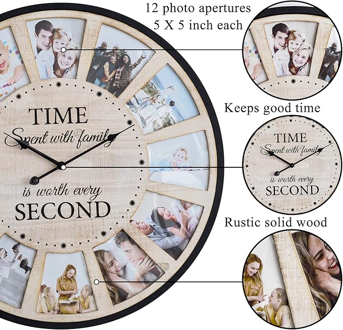 12 Photo Collage Rustic Wood Farmhouse Wall Clock, Large Family Picture Wall - Image 5