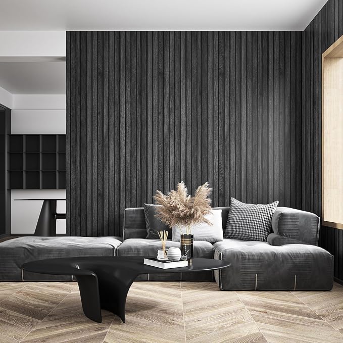 VEELIKE Charcoal Black Wood Slat Wallpaper Peel and Stick Modern Wood Panel - Image 4