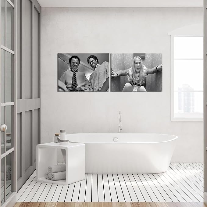 Framed Funny Movie Bathroom Canvas Wall Art Set of 2 – Black and White Vintage - Image 7