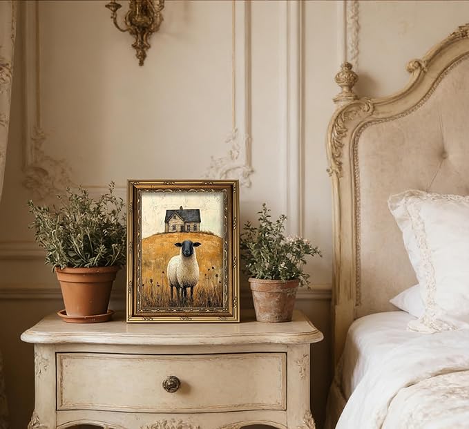 Vintage Gold Framed Wall Art Retro Country Sheep Oil Painting Canvas Prints - Image 6