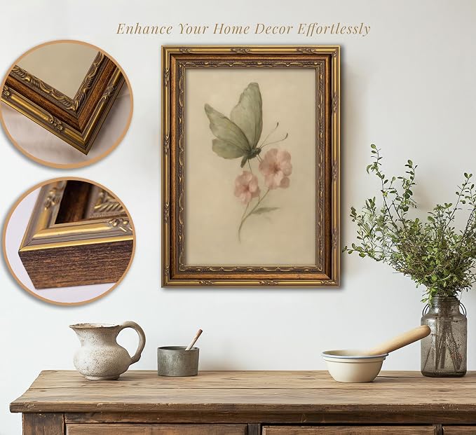 Vintage Gold Framed Wall Art, Retro Butterfly and Pink Flower Oil Painting - Image 2