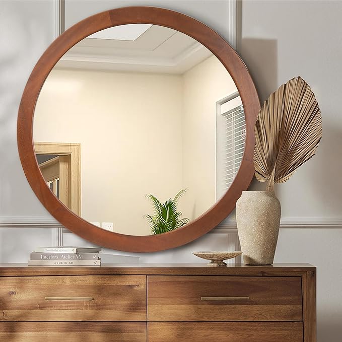 CULER Round Mirror 36 Inch, Wood Rustic Bathroom Tempered Wall Mirror - Image 4