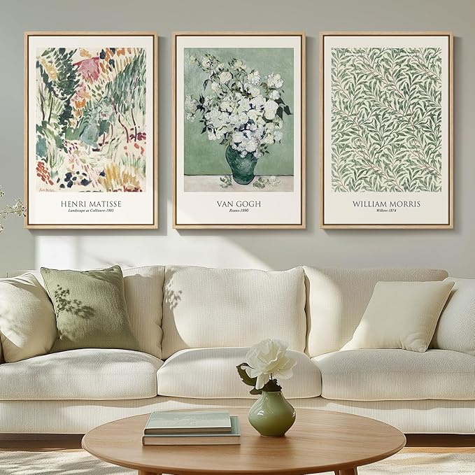 Framed Large Matisse Wall Art for Living Room, 3 Piece Vintage Sage Green by Cuspin