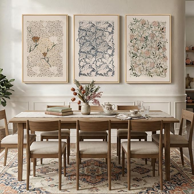 Large Framed William Morris Wall Art Set of 3, Vintage Neutral Botanical Floral - Image 3