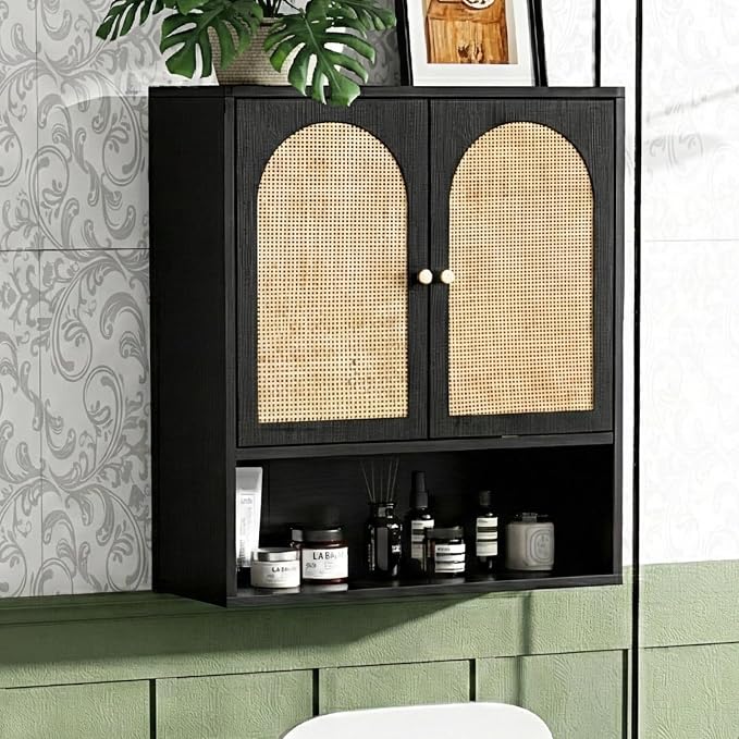 VINGLI Black Rattan Medicine Cabinet Wall Mounted, Arched Modern Farmhouse by VINGLI