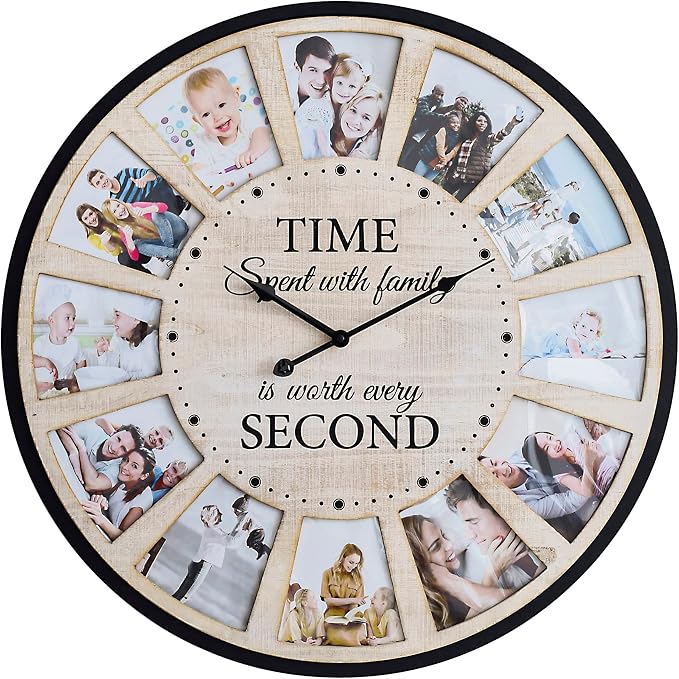 12 Photo Collage Rustic Wood Farmhouse Wall Clock, Large Family Picture Wall by JUMBOHUMBLE