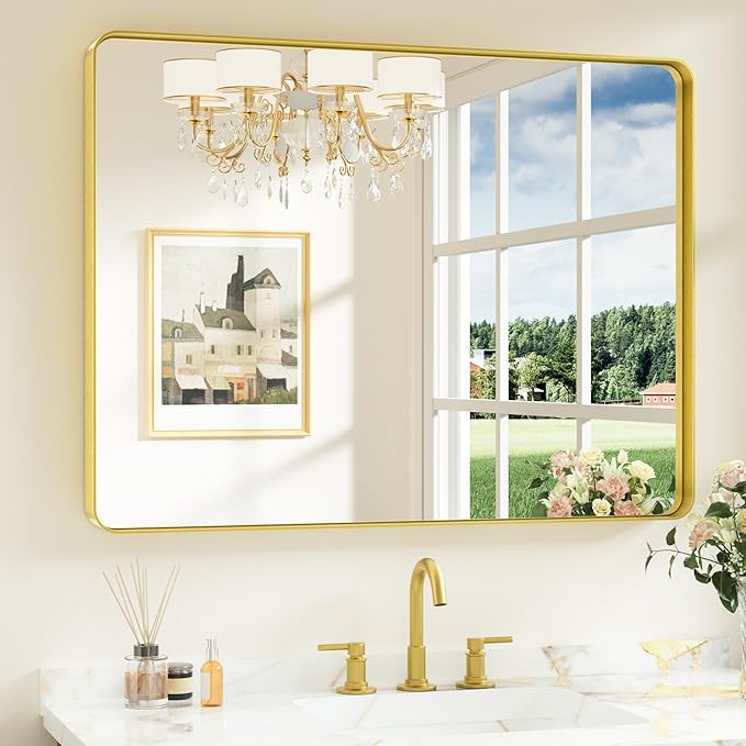 Keonjinn Gold Bathroom Mirrors for Over Sink, 40” x 30” Brushed Brass Mirror by Keonjinn