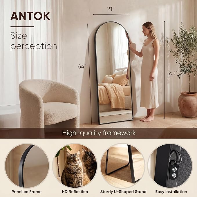 Antok 64" x21” Arched Full Length Floor Mirror, Free Standing/Wall Mount/Leaning - Image 3