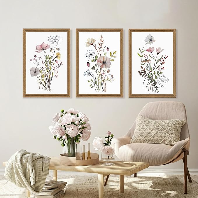 WRFON Framed Botanical Canvas Wall Art Set of 3, Watercolor Floral Prints - Image 4