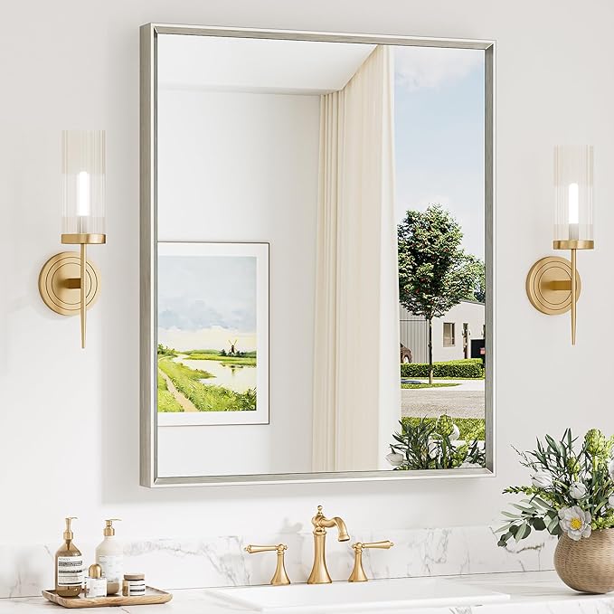 Keonjinn 30 x 36 Inch Brushed Nickel Bathroom Mirror, Beveled Rectangle Framed by Keonjinn