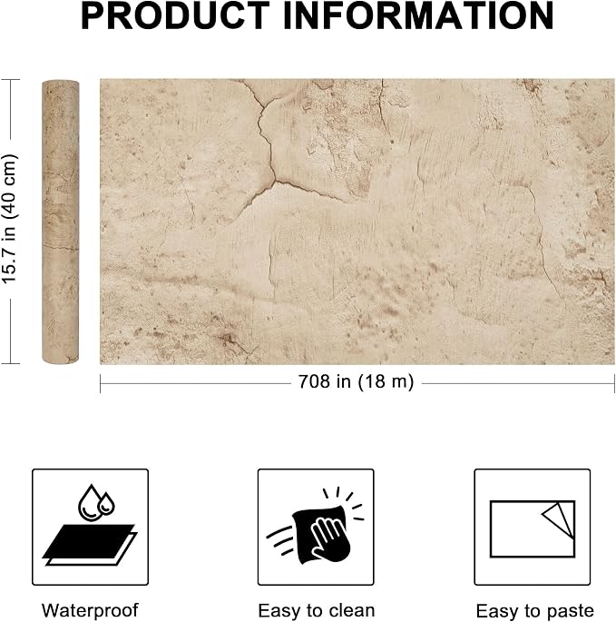 WADILE Beige Concrete Wallpaper 23.6 in * 708 in, Cement Contact Paper 3D Matte - Image 2