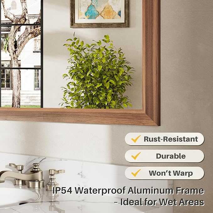 48x36 Inch Bathroom Mirror for Wall, Anti-Rust Walnut Wood Grain Metal Framed - Image 4