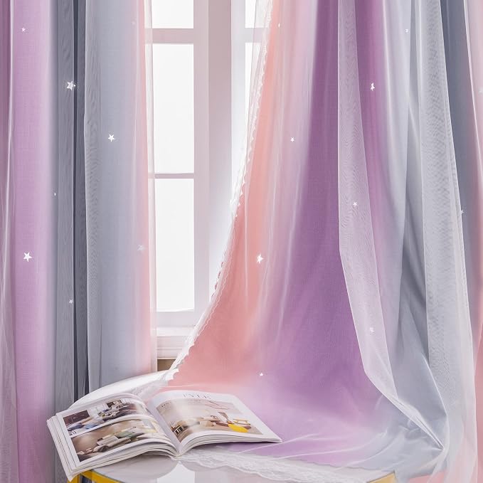 XiDi Curtains for Bedroom Decor, Rainbow GreyPinkPu-34-45 - Image 3
